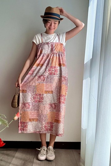 拼布感吊帶洋裝