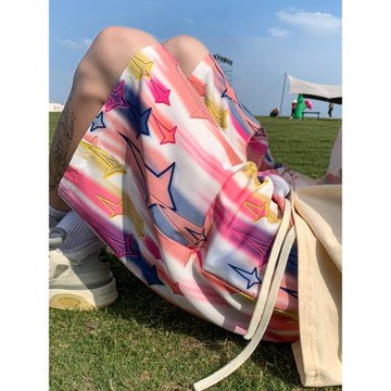 星星印花高街短褲男美式復古炸街痞帥褲子夏季五分褲休閑寬松中褲
