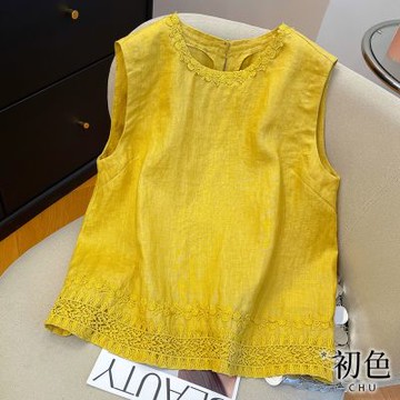 初色 亞麻風純色花邊刺繡圓領無袖寬鬆背心上衣女背心-共2色-14513(M-2XL可選)