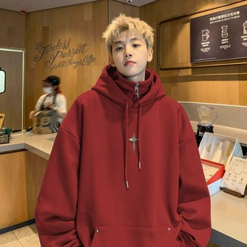 限時優惠 新年紅加絨連帽衛衣 新年紅假兩件加絨連帽衛衣男秋冬季美式復古半拉鍊加厚外套1/2件