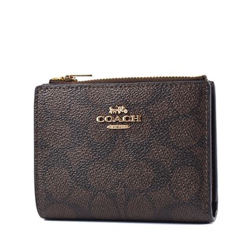 COACH 緹花LOGO防刮皮革釦式對開短夾-咖啡色