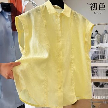 初色 棉麻風寬鬆純色無袖單排釦POLO領襯衫上衣女上衣-共2色-12627(M-2XL可選/現貨+預購)