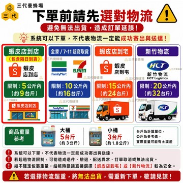 【三代養蜂場】⚠️系統可下單不代表物流可寄送，請務必確認物流重量限制，避免超重影響出貨。