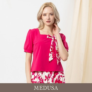 現貨【MEDUSA 曼度莎】桃紅絲帶裝飾短袖上衣（M-XL）｜女休閒上衣 短袖上衣 氣質上衣
