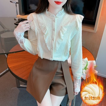 宮廷風加厚襯衫女版設計感小眾上衣蕾絲刷毛打底衫女秋冬新款洋氣