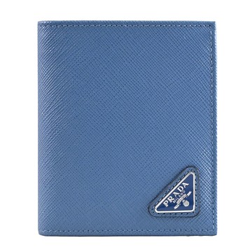 PRADA 2MO004 金屬三角LOGO防刮皮革對開短夾.天藍色