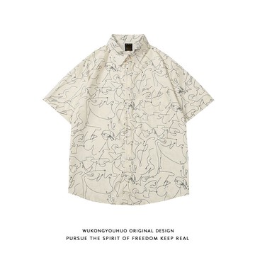 悟空有貨夏季潮牌涂鴉滿印短袖襯衫男女復古街頭寬松bf風休閑襯衣