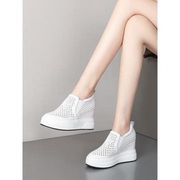 真皮內增高小白鞋女夏季鏤空9CM厚底坡跟單鞋白色休閑女鞋