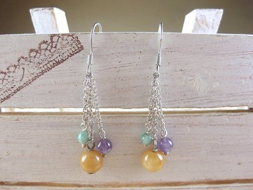 純銀設計耳環 黃玉+紫水晶+青海碧玉(耳勾)