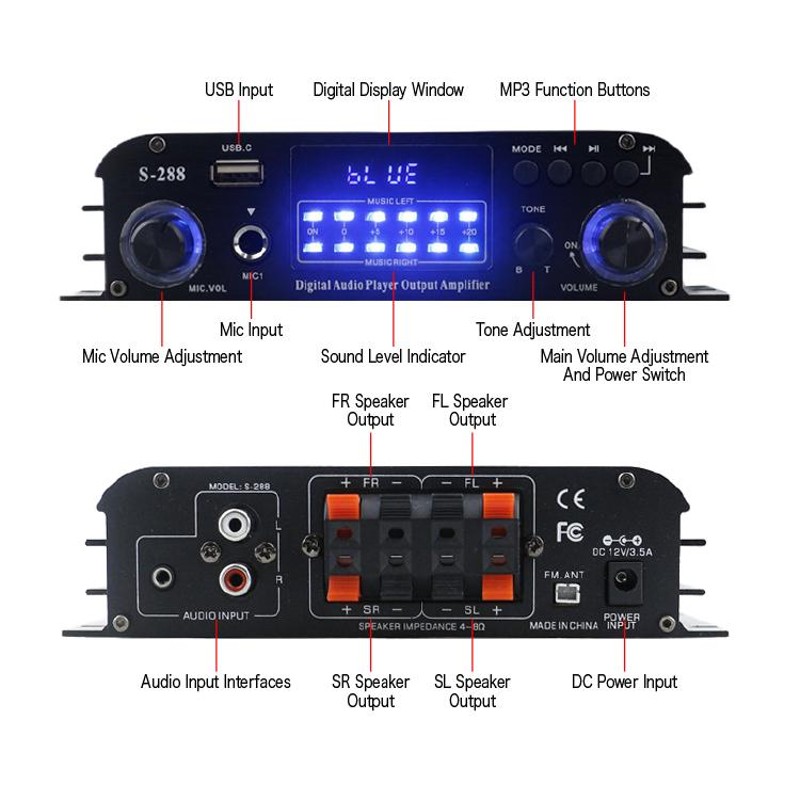 多機能4chオーディオアンプ 4×40W 汎用小型アンプ マイク入力可 カラオケ対応 MP3プレーヤー搭載 12V/5Aアダプター/リモコン付  汎用パワーアンプ LPS288 | LINEブランドカタログ