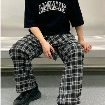【臺灣出貨】格子復古褲子新款闊腿ins日系薄款直筒韓版休閒寬鬆跨境外貿褲子男大尺碼休閒褲夏季長褲