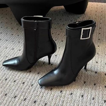 歐美2024年新款水鉆方扣高跟短靴女小方頭百搭側拉鏈細跟時裝靴子