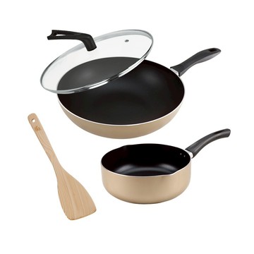 鍋寶 金鑽不沾雙鍋四件組 (28cm炒鍋+28cm玻璃鍋蓋+22cm湯鍋+木鏟) 二色任選
