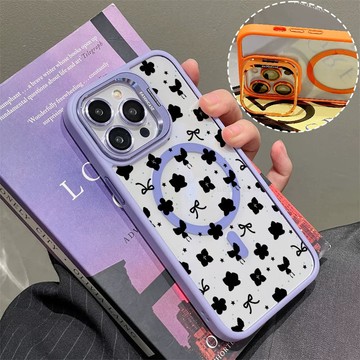 蝴蝶結小花朵磁吸手機殼 金屬鏡頭支架 保護殼 適用於iPhone 17 16 15 14 13 12 11 Max防摔殼