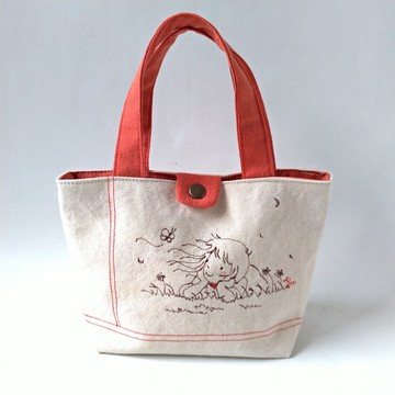 手工車繡插畫小提包 女孩--托特包  手提包