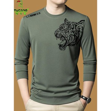 啄木鳥長袖t恤男圓領商務休閑秋季中年男士衛衣印花打底衫上衣潮T