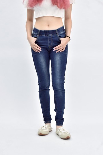 (S) i jeans 棉質高腰牛仔鬆緊腰藍色長褲