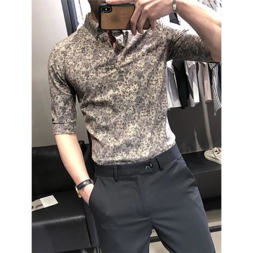 夏季碎花襯衫男短袖修身七分袖男士休閑襯衣痞帥印花中袖寸衫高端