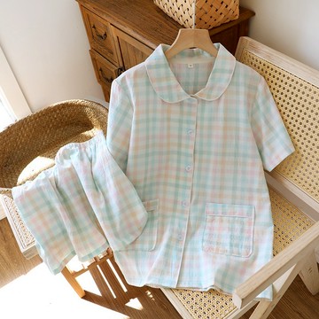 【現貨】夏季短袖睡衣女套裝 100%純棉薄款短袖短褲家居服清新格子元寶領水洗棉居家兩件套
