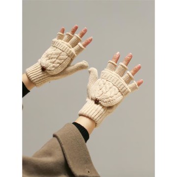 翻蓋兩用半指針織手套秋冬季學生打字用毛線手襪保暖露指復古米色