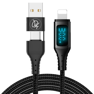 PICKOGEN 二合一 PD快充 USB-C/USB-A TO Lightning 充電傳輸編織線 1.8M 黑色 支援iPhone5-14全系列