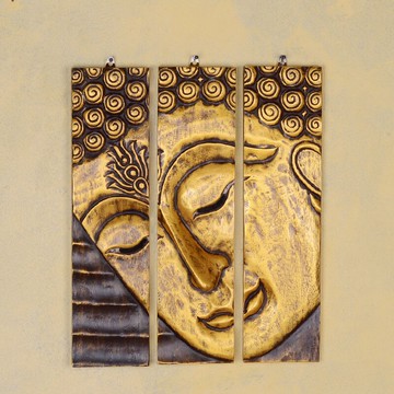 泰國手工雕刻佛面掛板泰式風格會所客棧酒店裝修三拼佛像墻面壁飾1入