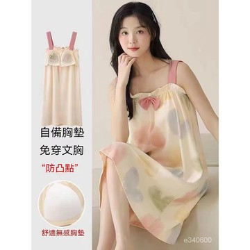 台灣现貨 大碼帶胸墊吊帶睡裙 棉感睡衣 帶胸墊睡衣女 夏天睡衣 連身睡衣裙 女生睡衣 居家睡衣 性感睡衣 居家服 家居服