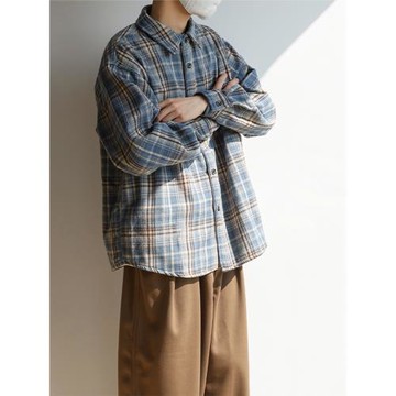 TAN7日系復古高級磨毛加厚格子襯衫男女寬松加絨長袖休閑襯衣外套