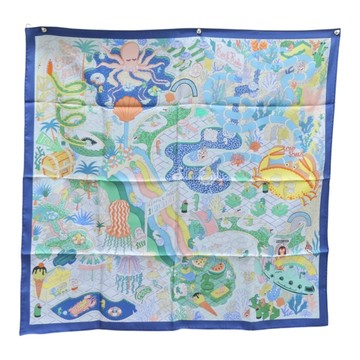 HERMES 愛馬仕 藍色 絲綢 Splash Park Double Face Scarf 90 雙面 方巾 【二手名牌BRAND OFF】