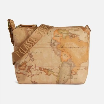 Alviero Martini 義大利地圖包 PU尼龍拉鍊斜側背小包23cm -地圖黃 父親節 七夕情人節