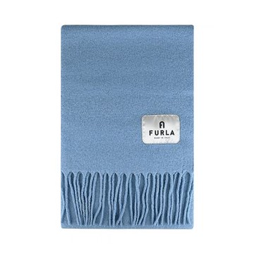 FURLA Moon織布標籤LOGO羊毛搭流蘇設計混紡圍巾(星辰藍)