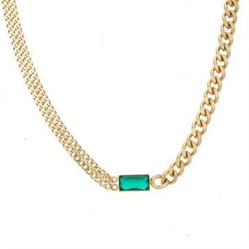 宏雲Hongyun-QJ-歐美復古祖母綠鋯石几何型項鍊簡約不對稱拼接磨麵粗鏈條頸鏈