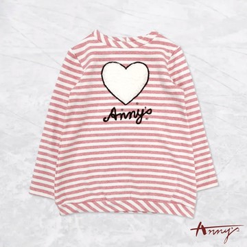 Annys安妮公主-可愛毛絨愛心秋冬款條紋刷毛長上衣*0640粉紅