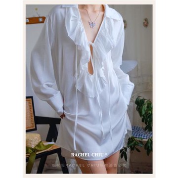 【白襯衫】深V領口系帶荷葉邊白色小眾寬松男友風白襯衫長款睡衣