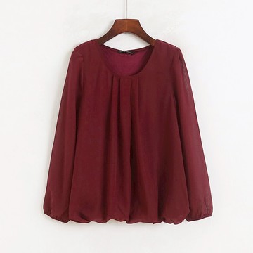 圓領收褶雪紡衫 春季新款長袖套頭寬松清新打底衫女上衣