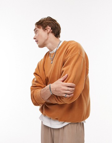 Topman oversized crew sweatshirt in washed rust-Orange