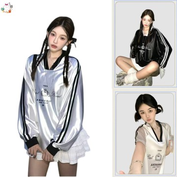 大美妞★現+貨 美式運動球衣 短袖T恤女 條紋上衣 oversize 寬鬆t恤運動風緞面球衣T恤  V領短袖上衣
