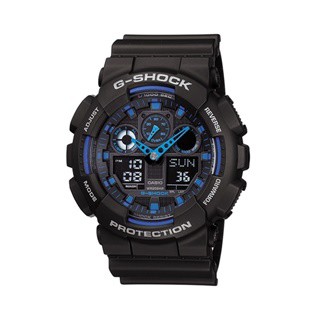 CASIO G-SHOCK系列 個性機械感三眼雙顯電子錶 (黑/藍 GA-100-1A2 )