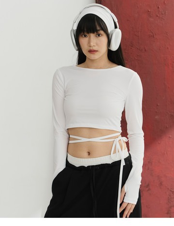 修身兩穿式交叉繫帶短上衣(白色)-女