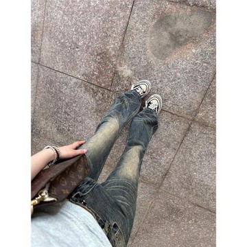 復古藍水洗低腰微喇牛仔褲女秋冬新款寬松顯瘦垂感百搭拖地馬蹄褲