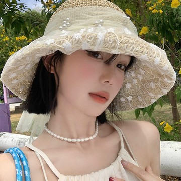 蕾絲珍珠系帶法式鏤空草帽女春夏季碎花大帽檐遮陽太陽帽子防曬帽