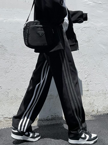 美式hiphop條紋闊腿褲女春秋2022新款垂感顯瘦百搭黑色直筒休閑褲