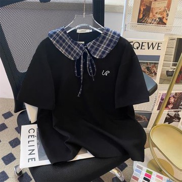 CSVQ原創格子拼接娃娃領字母刺繡polo衫女黑色設計感洋氣短袖t恤