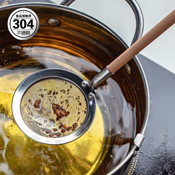 304不銹鋼油格撈勺日式木柄撇油勺撈泡沫過濾網濾油神器火鍋漏勺