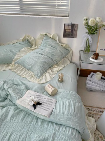 夏天的風輕輕吹過少女心水洗皺皺紗夏被四件套夏涼被空調被卡布奇諾 雙11全館免運