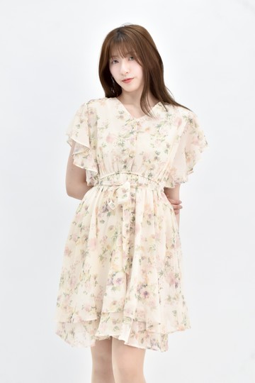 (M) re pretty 黃色紡紗短袖花卉綁帶洋裝