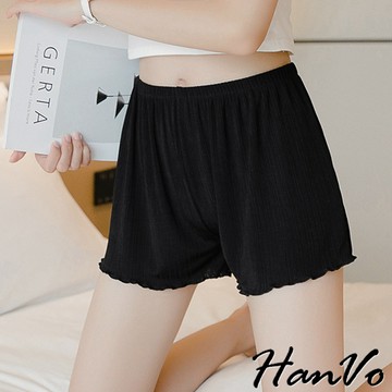 【HanVo】涼感百褶條紋木耳邊安全褲 內搭褲 防走光安全褲 短褲 女生褲子 女生衣著 女裝 睡褲 A13-2902
