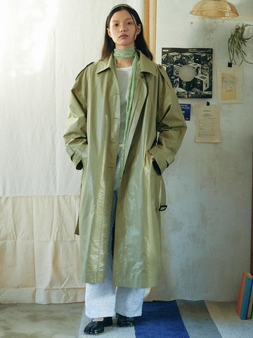 Coated Over Fit Trench Coat [Khaki]