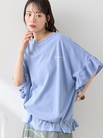 標語設計荷葉摺邊袖口拼接寬版T恤(01000325800) - earth music&ecology