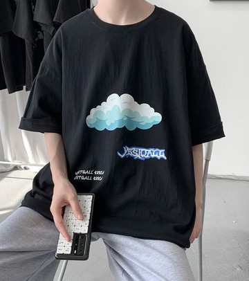 FINDSENSE X 韓潮 雲朵圖案印花 寬鬆大尺碼 男士 純棉 短袖T恤